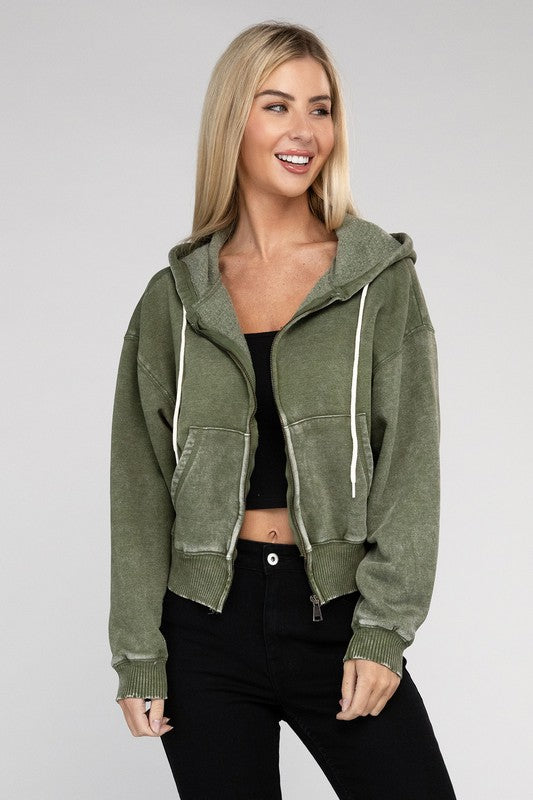 Acid Wash Fleece Cropped Zip-Up Hoodie ZENANA