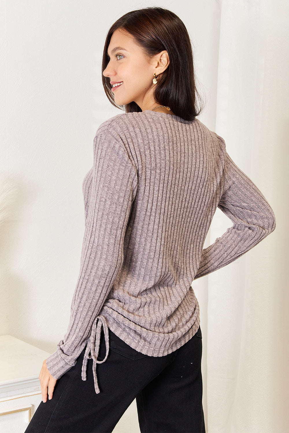 Double Take Drawstring Ribbed Long Sleeve T-Shirt Trendsi