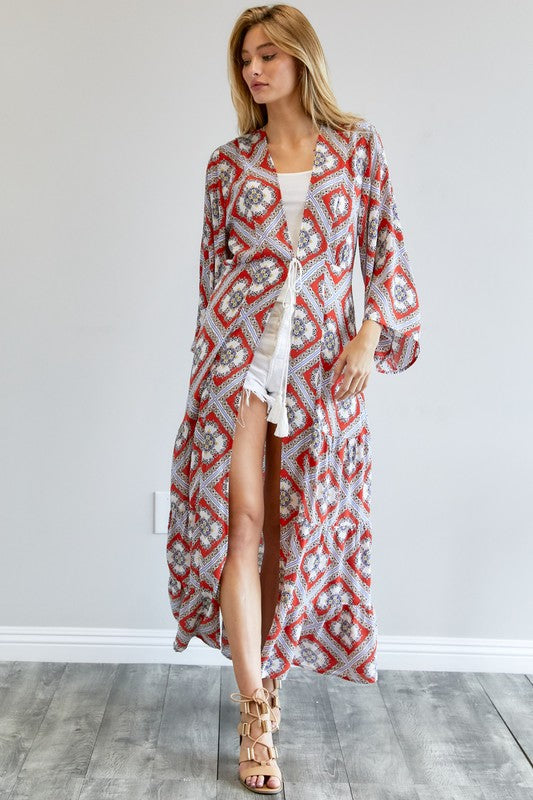 Printed Long Sleeve Loose Kimono Davi & Dani