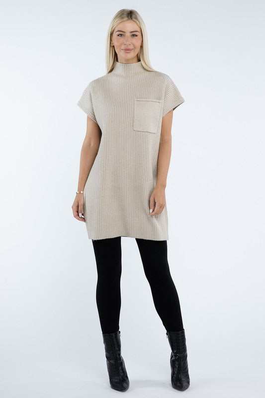 Mock Neck Short Sleeve Sweater Dress with Pocket ZENANA