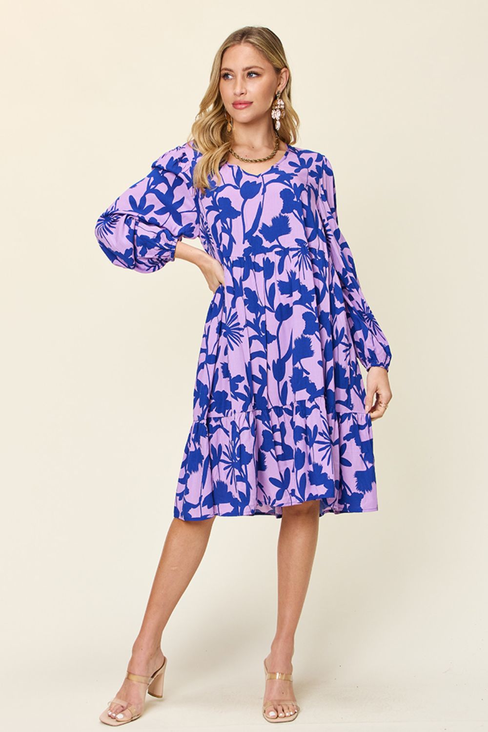 Double Take Full Size Printed Ruffle Hem Long Sleeve Midi Dress Double Take