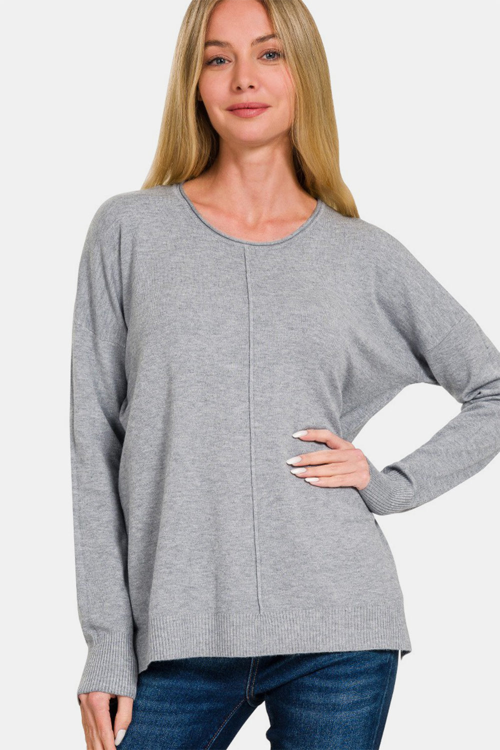 Zenana Front Seam Round Neck Sweater Trendsi