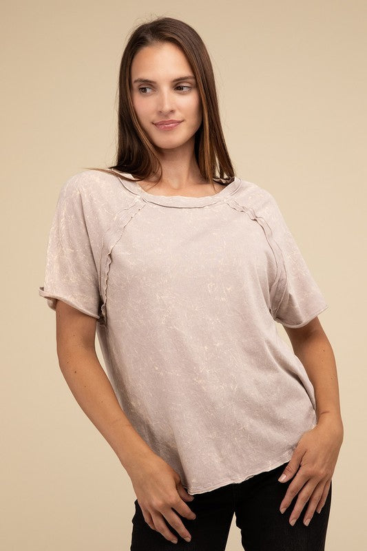 Back Patch Crinkle Washed Raglan Sleeve T-Shirt ZENANA