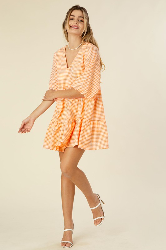 Lilou Gingham Checked Tiered Puff 3/4 Sleeves V-Neck Mini Dress