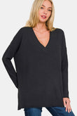 Zenana V-Neck Side Slit High-Low Sweater Trendsi