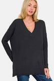 Zenana V-Neck Side Slit High-Low Sweater Trendsi