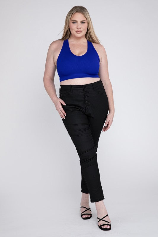 Zenana Plus Ribbed Cropped Racerback V-Neck Tank Top