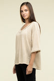 Zenana Brushed Waffle Exposed-Seam 3/4 Sleeve Top