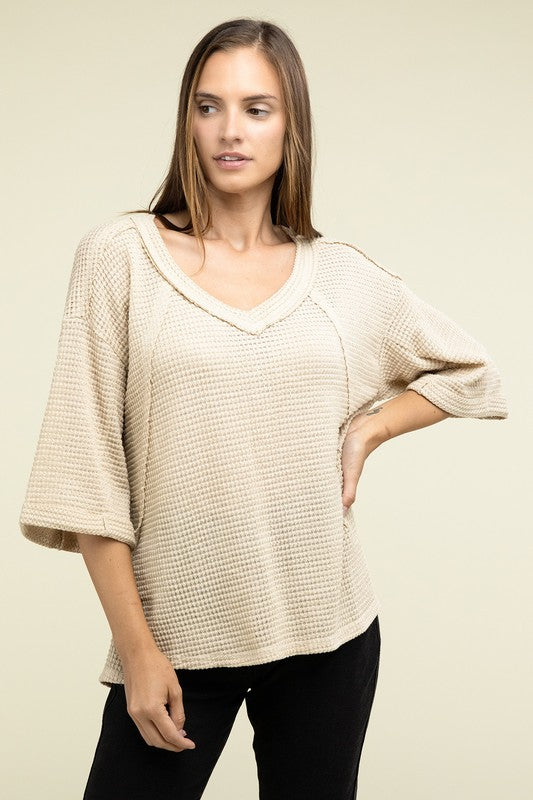 Zenana Brushed Waffle Exposed-Seam 3/4 Sleeve Top