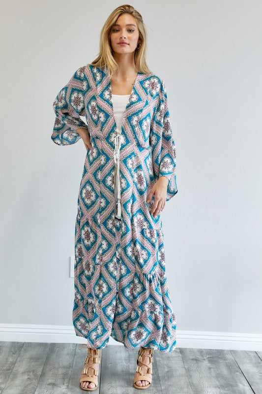 Printed Long Sleeve Loose Kimono Davi & Dani