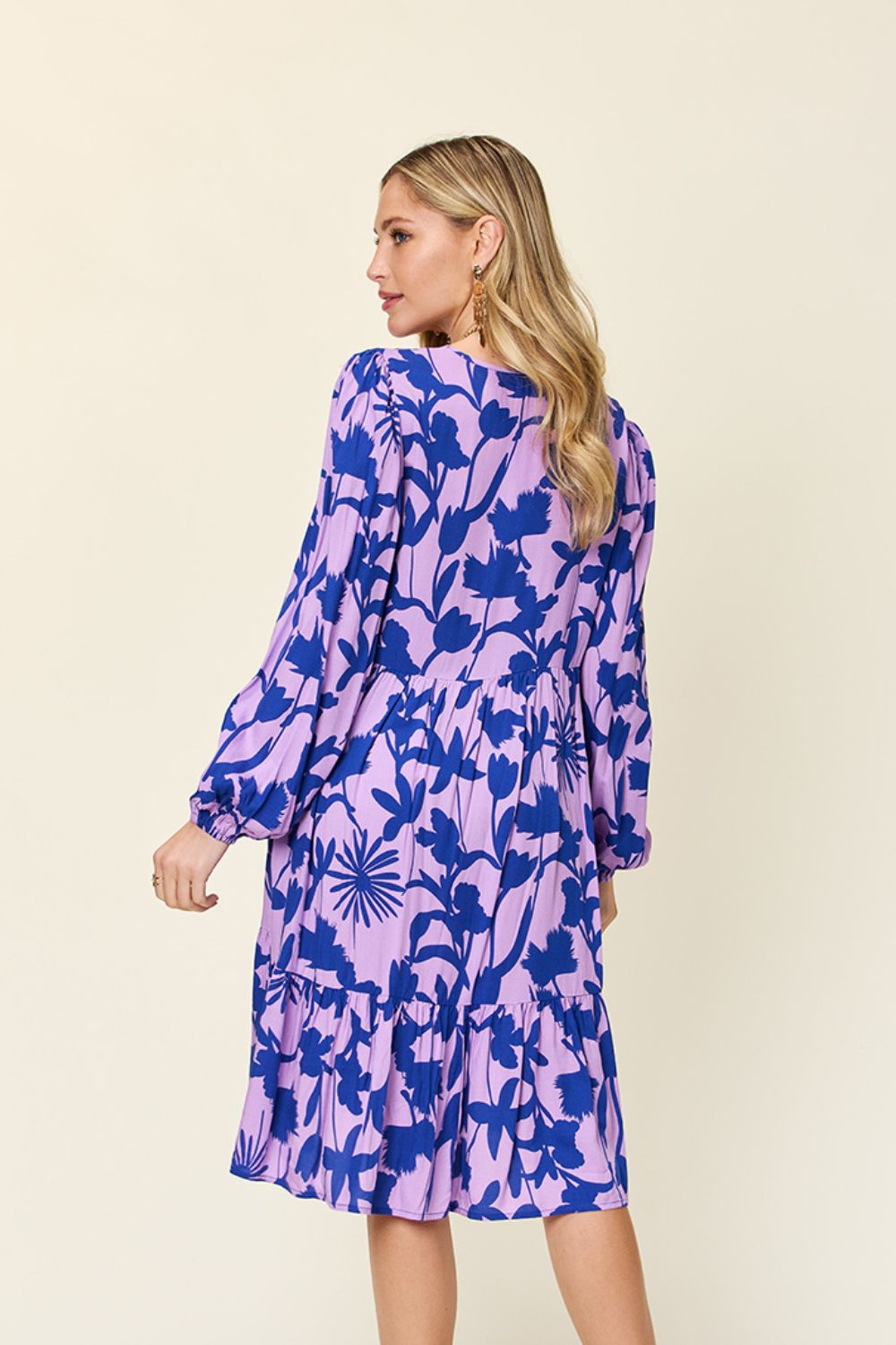 Double Take Full Size Printed Ruffle Hem Long Sleeve Midi Dress Double Take