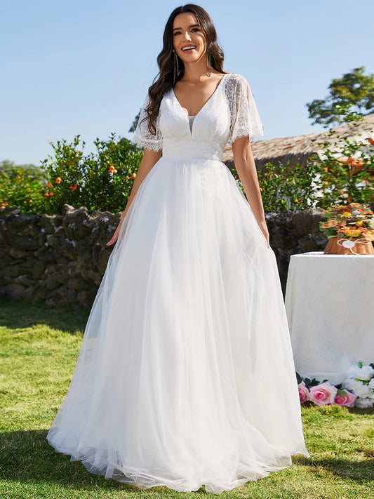 A-line V-Neck Lace With Embroidery Wedding Dress - Rosa Apparel