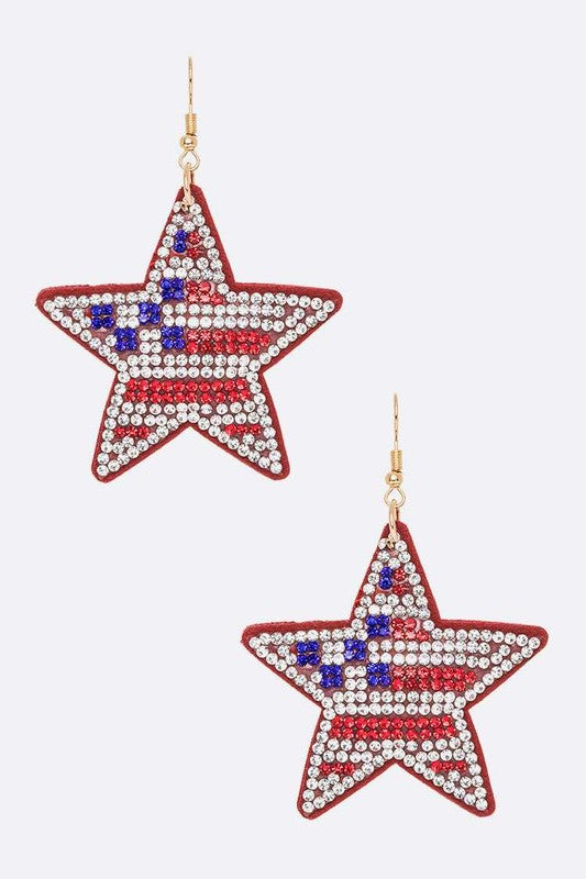 American Flag Print Rhinestone 4th of July Star Earrings - Rosa Apparel