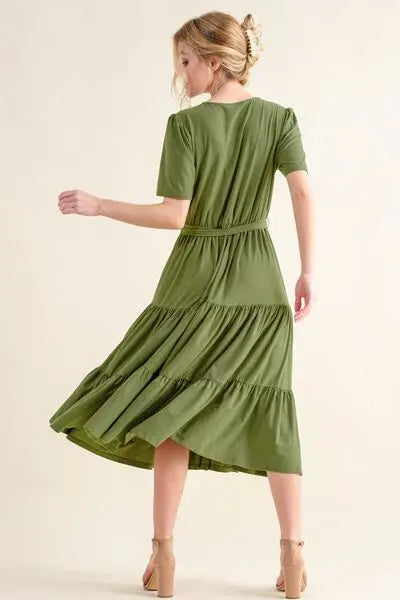 And The Why Soft Short Sleeve Tiered Midi Dress - Rosa Apparel