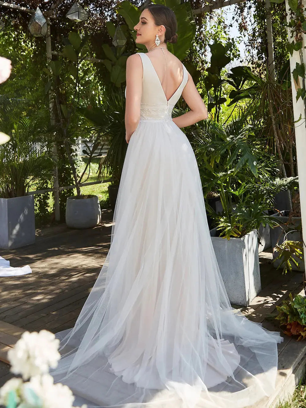 Backless A Line Sleeveless Wedding Dress with Deep V Neck - Rosa Apparel