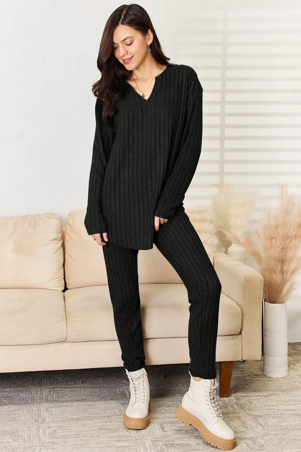 Basic Bae Full Size Notched Long Sleeve Top and Pants Set - Rosa Apparel