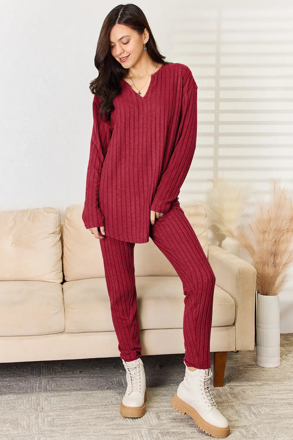 Basic Bae Full Size Notched Long Sleeve Top and Pants Set - Rosa Apparel