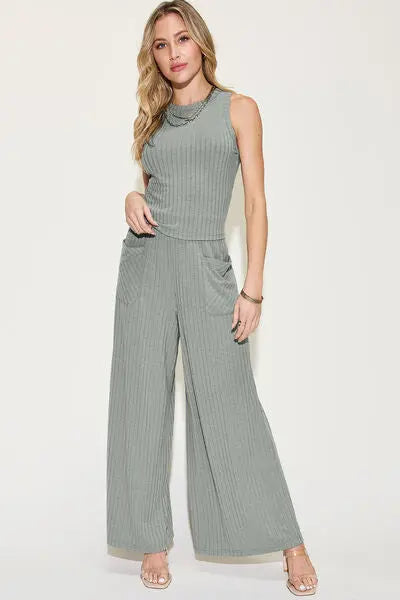 Basic Bae Full Size Ribbed Tank and Wide Leg Pants Set - Rosa Apparel