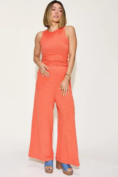 Basic Bae Full Size Ribbed Tank and Wide Leg Pants Set - Rosa Apparel