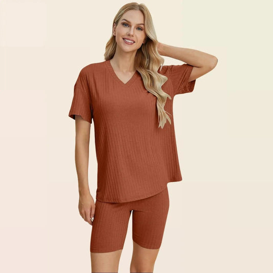 Basic Bae Full Size Ribbed V-Neck Short Sleeve Top and Shorts Set Stretchy Womenswear - Rosa Apparel