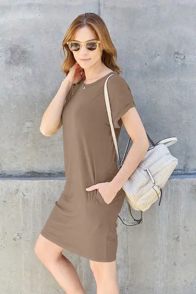 Basic Bae Full Size Round Neck Short Sleeve Dress with Pockets - Rosa Apparel