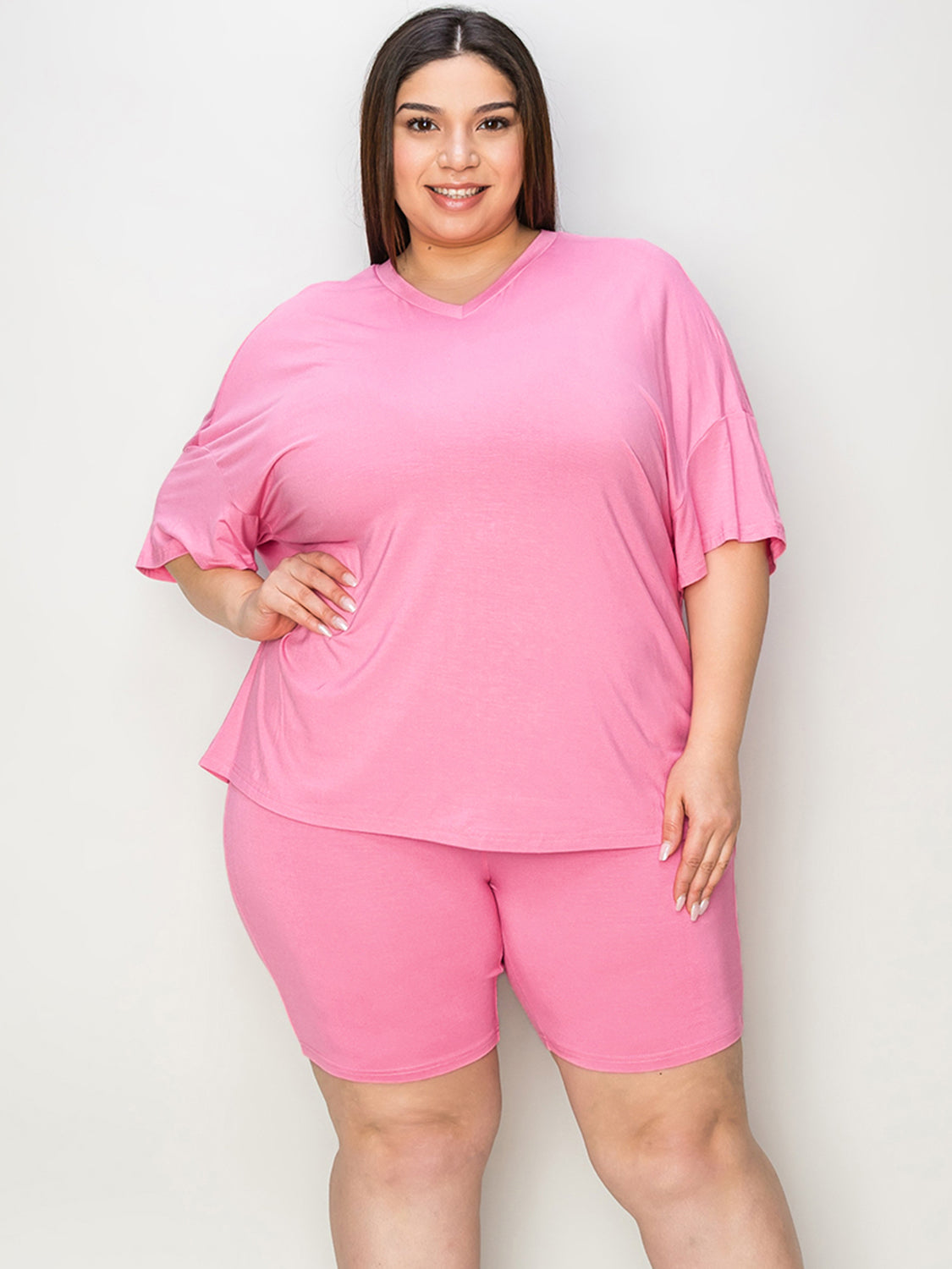 Basic Bae Full Size V-Neck Drop Shoulder Short Sleeves T-Shirt and Shorts Set - Rosa Apparel