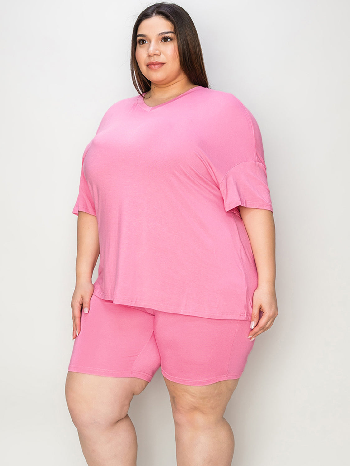 Basic Bae Full Size V-Neck Drop Shoulder Short Sleeves T-Shirt and Shorts Set - Rosa Apparel