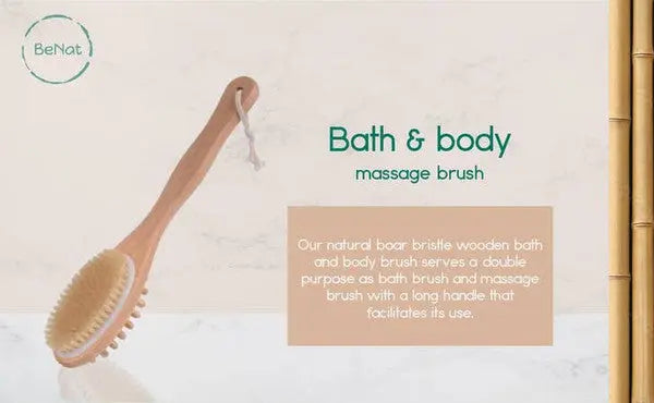 BeNat Natural Boar Bristle Wooden Bath & Body Brush with Long Handle. Eco-Friendly. 13.7in Long.