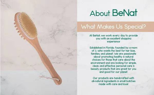 BeNat Natural Boar Bristle Wooden Bath & Body Brush with Long Handle. Eco-Friendly. 13.7in Long.