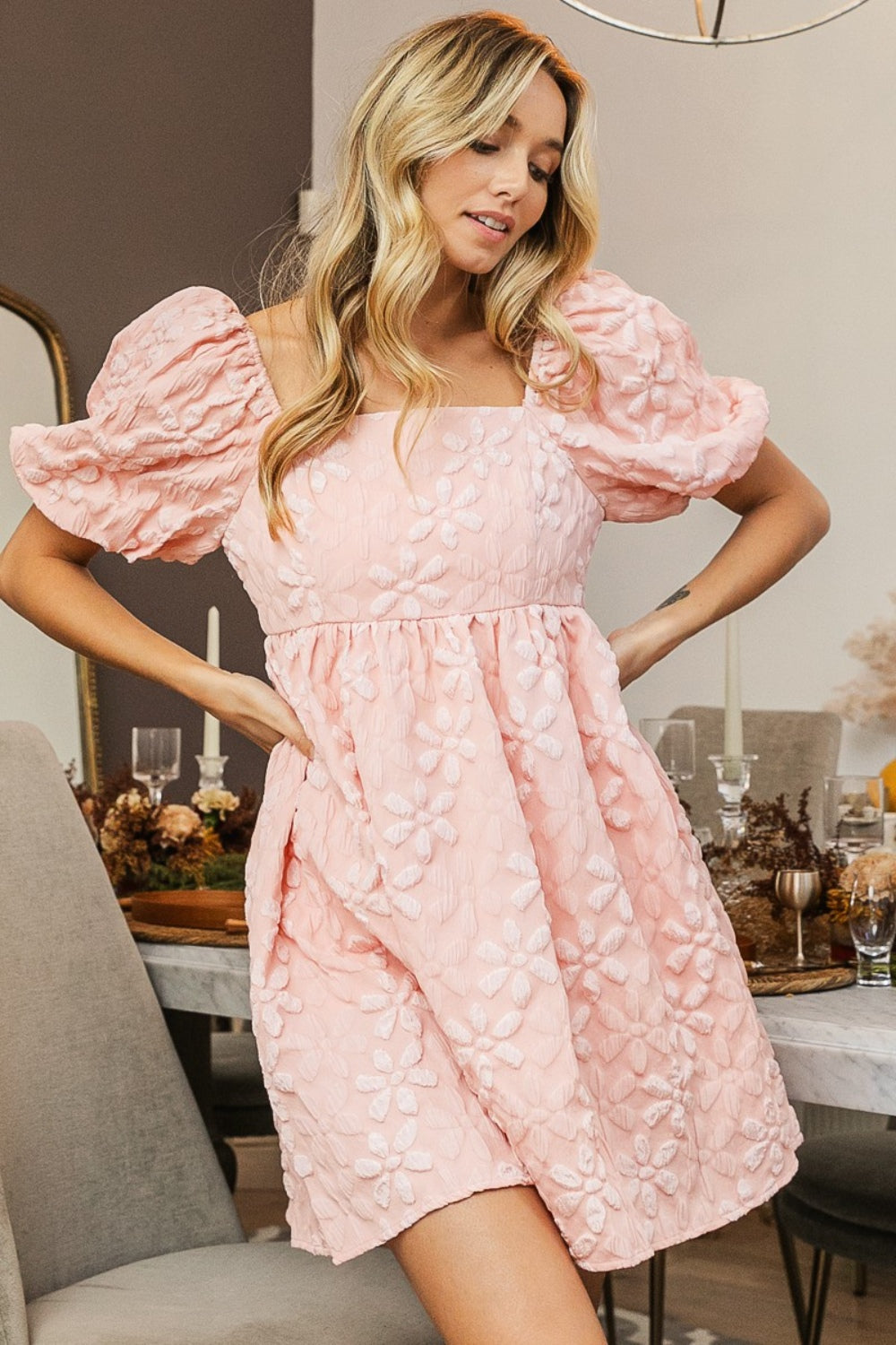 BiBi Flower Ruched Square Neck Slightly Strechy Puff Sleeve Dress - Rosa Apparel