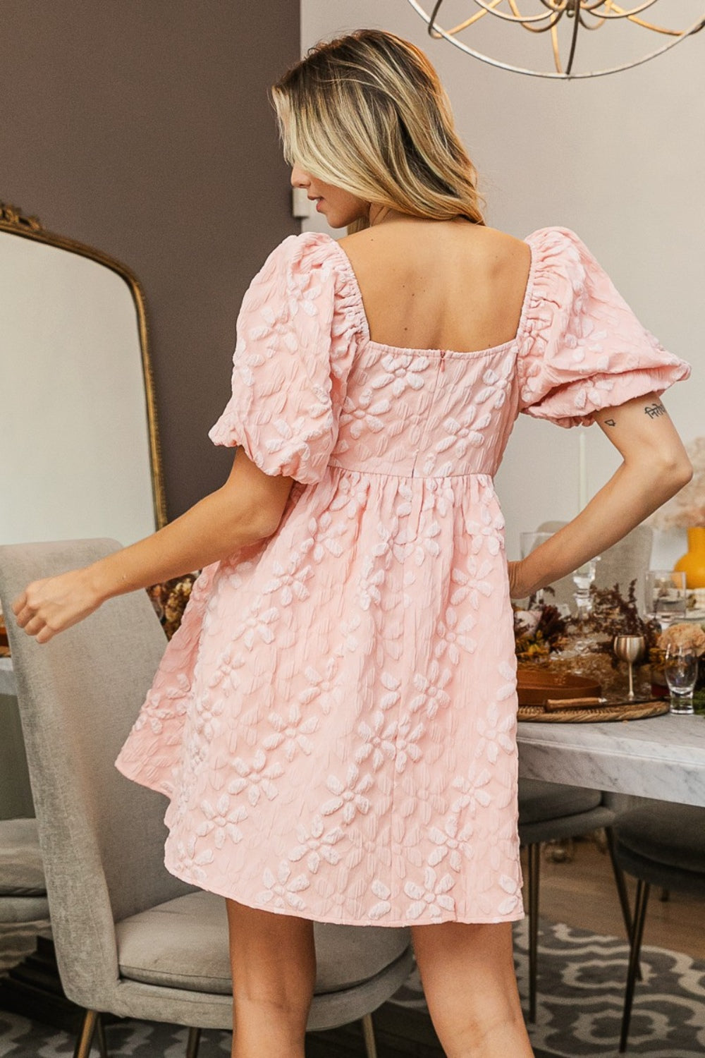 BiBi Flower Ruched Square Neck Slightly Strechy Puff Sleeve Dress - Rosa Apparel