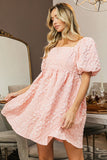 BiBi Flower Ruched Square Neck Slightly Strechy Puff Sleeve Dress - Rosa Apparel