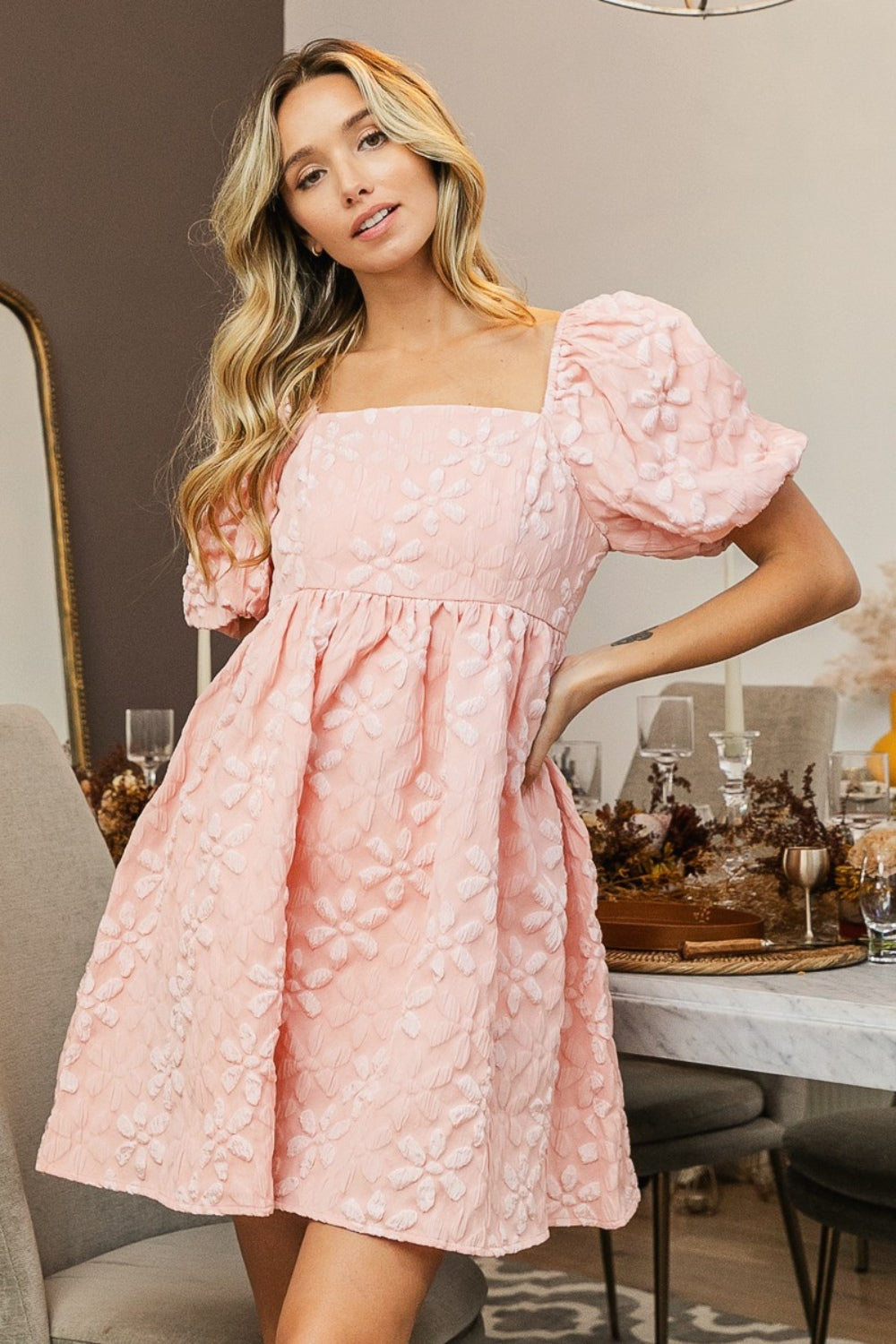 BiBi Flower Ruched Square Neck Slightly Strechy Puff Sleeve Dress - Rosa Apparel