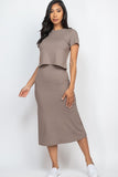 Capella Casual Ribbed Solid Short Sleeves Round Neck Top And Midi Skirt Set - Rosa Apparel