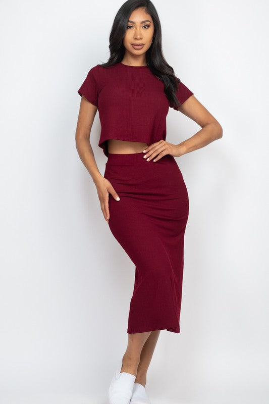 Capella Casual Ribbed Solid Short Sleeves Round Neck Top And Midi Skirt Set - Rosa Apparel