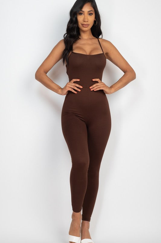 Capella Criss-Cross Open Back Round Neck Bodycon Jumpsuit - Rosa Apparel