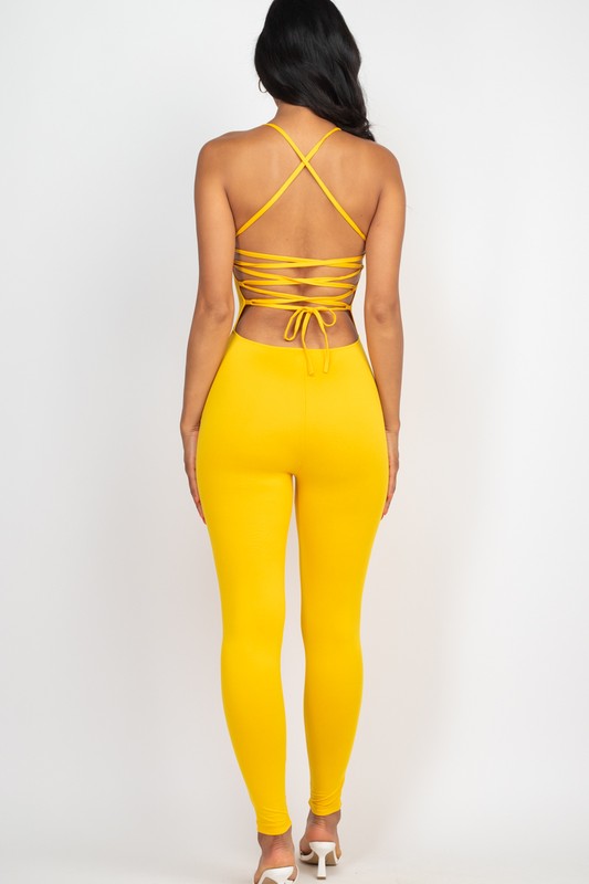 Capella Criss-Cross Open Back Round Neck Bodycon Jumpsuit - Rosa Apparel