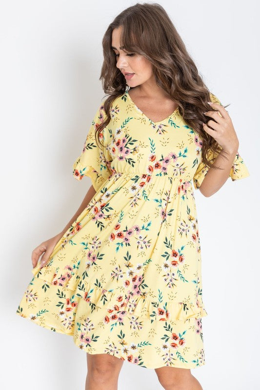 Casual Floral V-Neck Short Sleeves Ruffle Dress by EG Fashion - Rosa Apparel