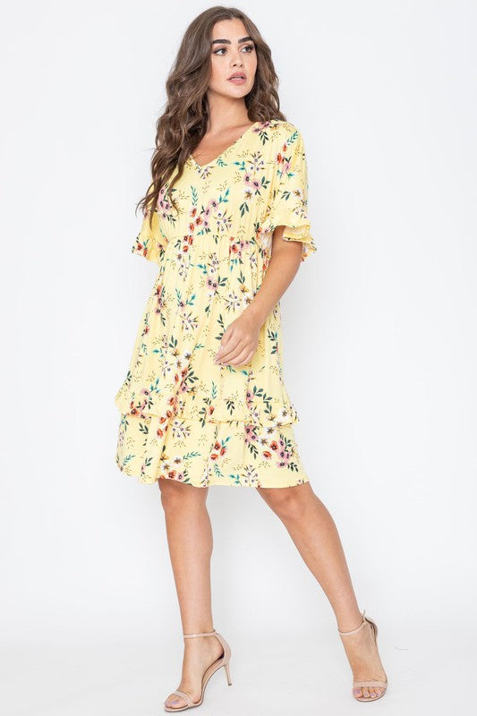 Casual Floral V-Neck Short Sleeves Ruffle Dress by EG Fashion - Rosa Apparel