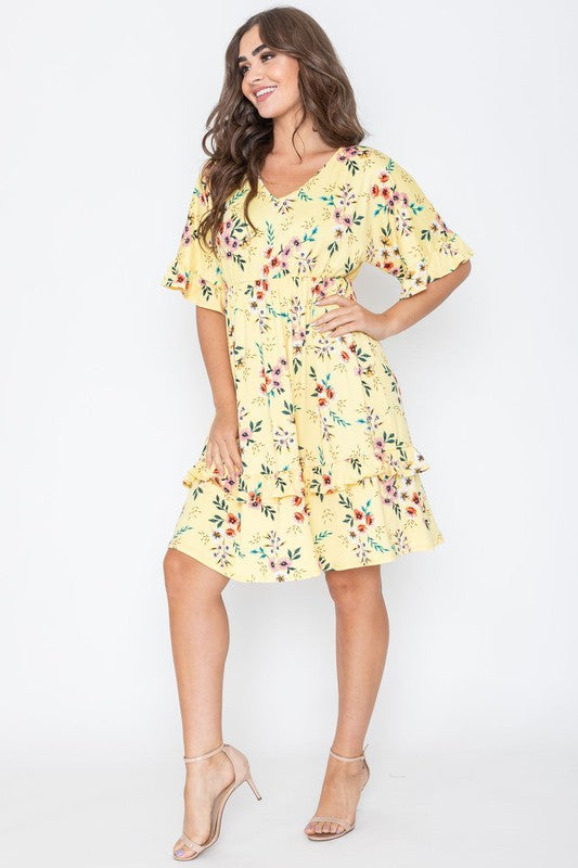 Casual Floral V-Neck Short Sleeves Ruffle Dress by EG Fashion - Rosa Apparel