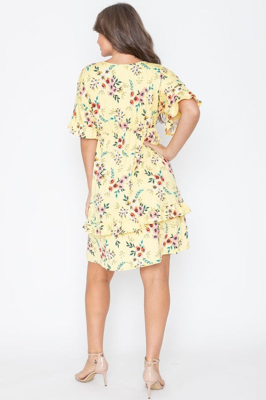 Casual Floral V-Neck Short Sleeves Ruffle Dress by EG Fashion - Rosa Apparel