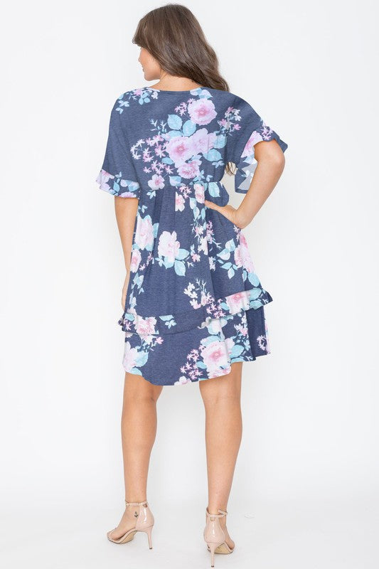 Casual Floral V-Neck Short Sleeves Ruffle Dress by EG Fashion - Rosa Apparel