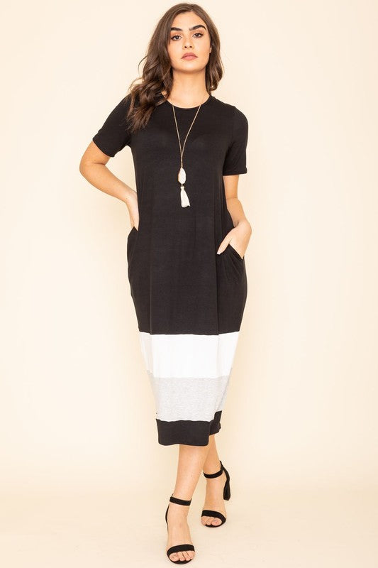 Casual Short Sleeves Round Neck Color Block Calf Length Dress by EG Fashion - Rosa Apparel