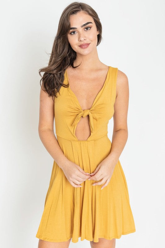 Casual Sleeveless Deep V-Neck Front Knot Mini Dress by EG Fashion - Rosa Apparel