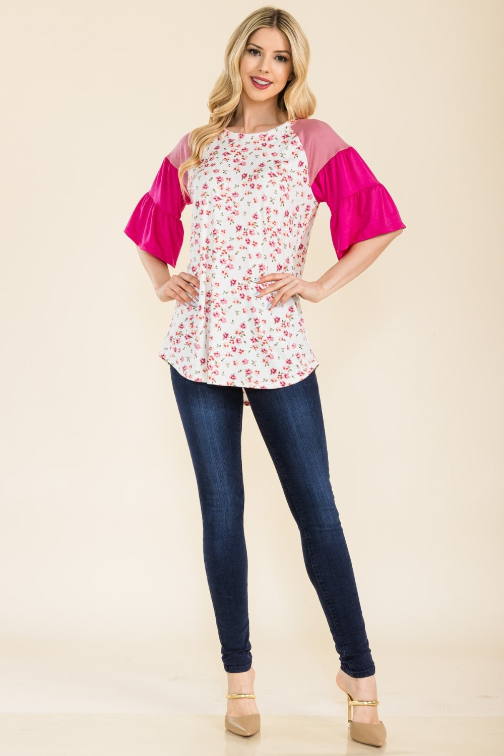 Celeste Full Size Floral Contrast Bell Sleeve Top - Rosa Apparel