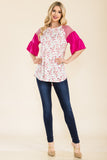 Celeste Full Size Floral Contrast Bell Sleeve Top - Rosa Apparel