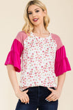 Celeste Full Size Floral Contrast Bell Sleeve Top - Rosa Apparel