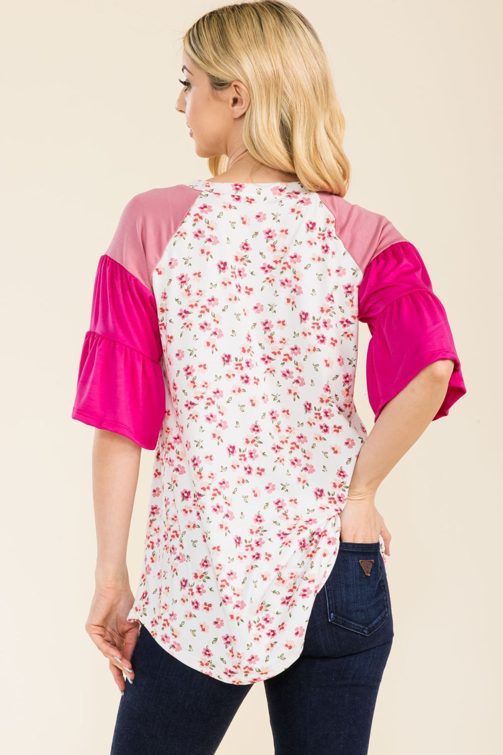 Celeste Full Size Floral Contrast Bell Sleeve Top - Rosa Apparel