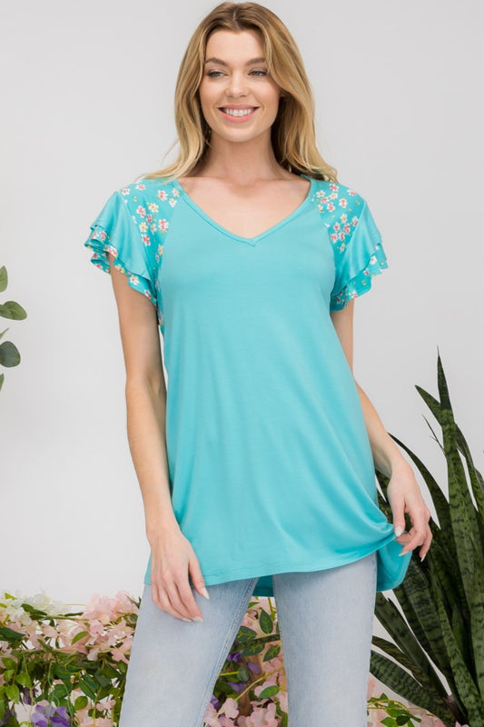 Celeste Full Size Floral Contrast Short Sleeve Top - Rosa Apparel