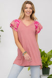 Celeste Full Size Floral Contrast Short Sleeve Top - Rosa Apparel